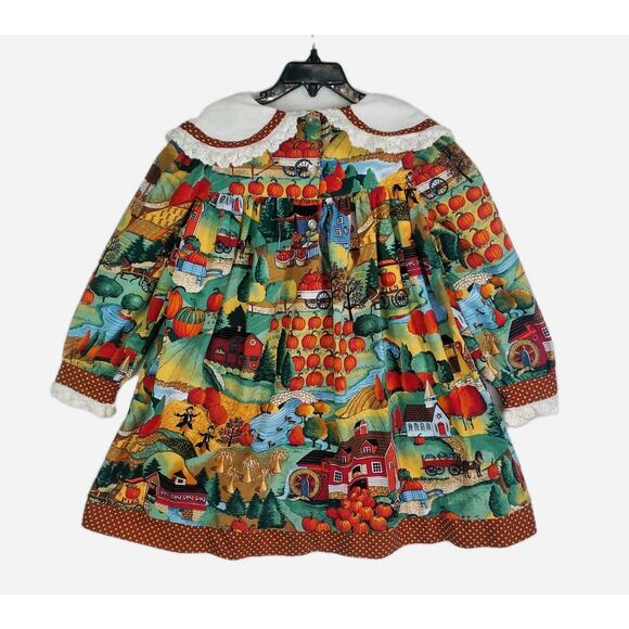 Vtg 80s Thanksgiving Dress Fall Harvest Prairie Girls Sz 6 Smocked Pumpkins USA - Picture 10 of 16